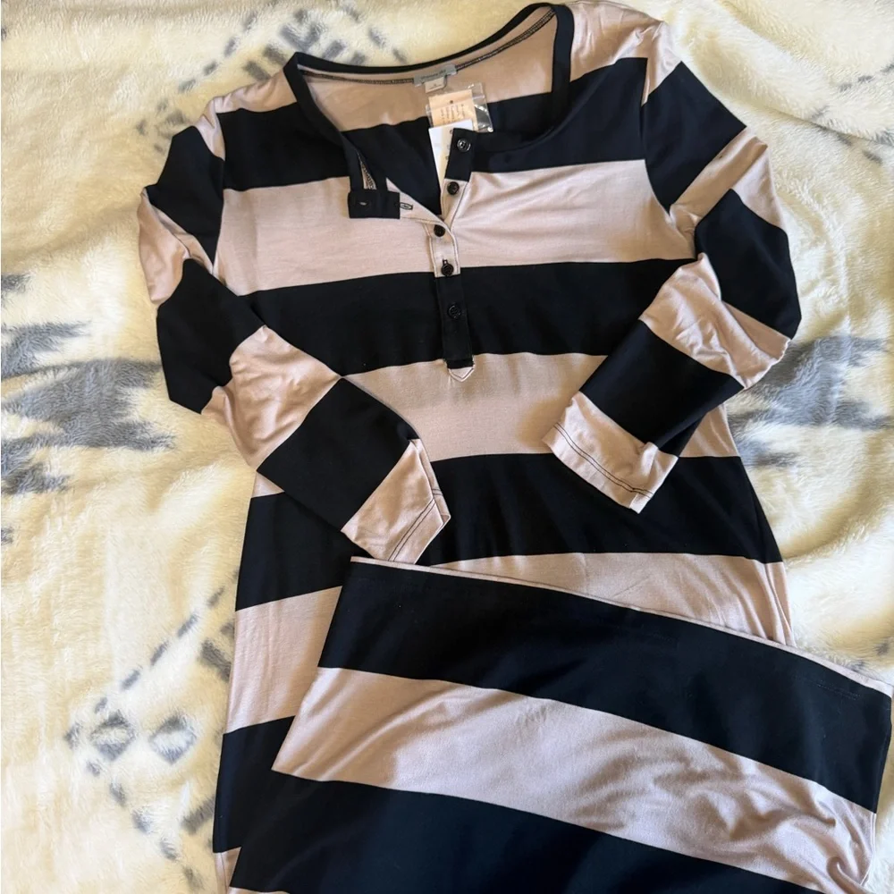 Striped Long Sleeve Midi Tshirt Dress in Black and Cream - Picture 3 of 8